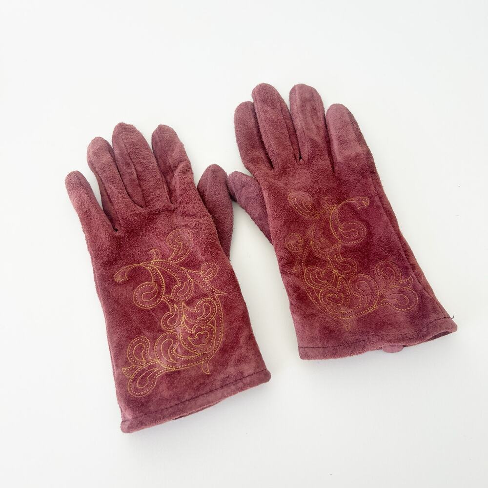 Renee's New York Purple Leather Gold Stitched Floral Gloves Small